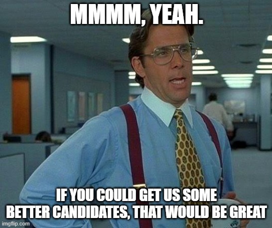 That Would Be Great Meme | MMMM, YEAH. IF YOU COULD GET US SOME BETTER CANDIDATES, THAT WOULD BE GREAT | image tagged in memes,that would be great | made w/ Imgflip meme maker