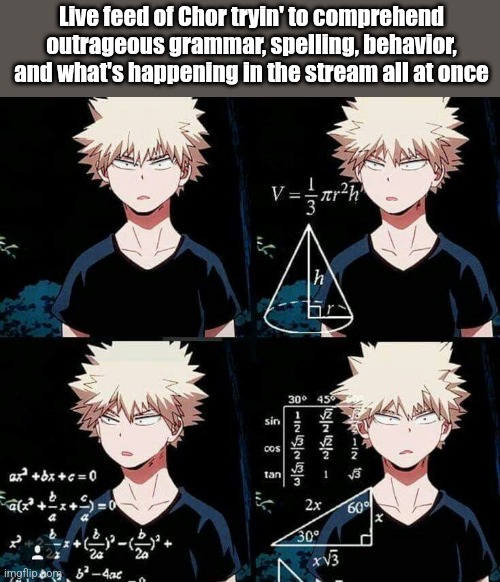 I probably at the very least share his short temper, but aside from that I'm lazy as hell and can barely pull my blanket slightl | Live feed of Chor tryin' to comprehend outrageous grammar, spelling, behavior, and what's happening in the stream all at once | image tagged in bakugo confused | made w/ Imgflip meme maker