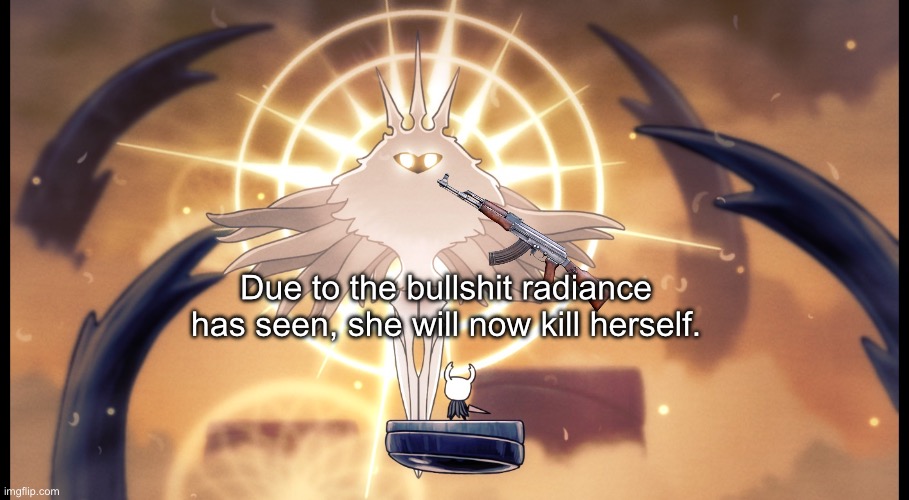 Hollow Knight Radiance | Due to the bullshit radiance has seen, she will now kill herself. | image tagged in hollow knight radiance | made w/ Imgflip meme maker