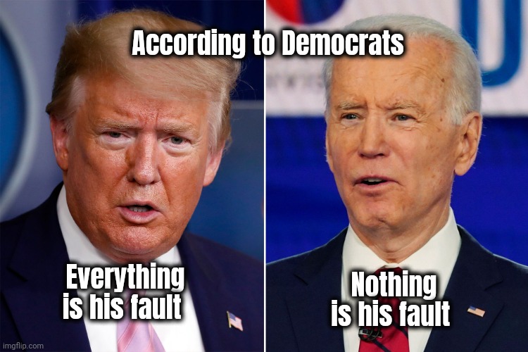 Donald Trump and Joe Biden | Everything is his fault Nothing is his fault According to Democrats | image tagged in donald trump and joe biden | made w/ Imgflip meme maker