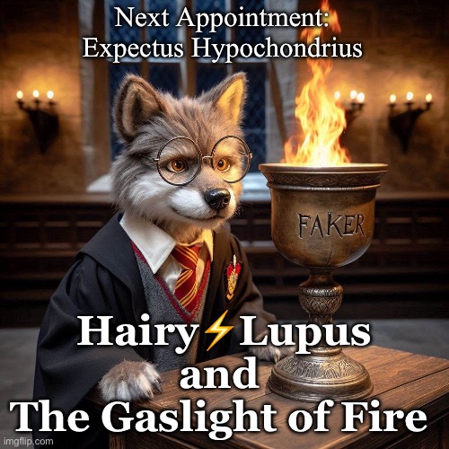 Gaslight of Fire | Next Appointment:
Expectus Hypochondrius; Hairy⚡️Lupus
and 
The Gaslight of Fire | image tagged in harry potter,harry potter meme,wolf,doctor and patient,illness | made w/ Imgflip meme maker