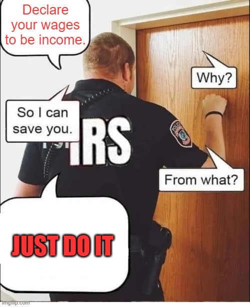 IRS | Declare your wages to be income. JUST DO IT | image tagged in irs agent knocking | made w/ Imgflip meme maker
