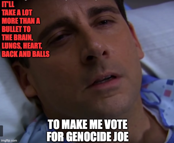IT'LL TAKE A LOT MORE THAN A BULLET TO THE BRAIN, LUNGS, HEART, BACK AND BALLS; TO MAKE ME VOTE FOR GENOCIDE JOE | image tagged in genocide joe,michael scarn,elections 2024 | made w/ Imgflip meme maker