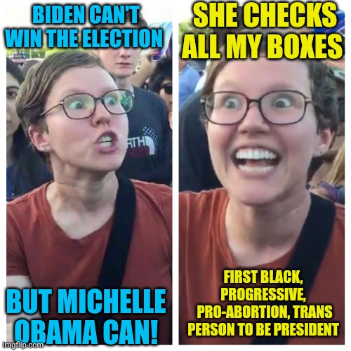 Social Justice Warrior Hypocrisy | SHE CHECKS ALL MY BOXES; BIDEN CAN'T WIN THE ELECTION; FIRST BLACK,  PROGRESSIVE,  PRO-ABORTION, TRANS PERSON TO BE PRESIDENT; BUT MICHELLE OBAMA CAN! | image tagged in social justice warrior hypocrisy | made w/ Imgflip meme maker