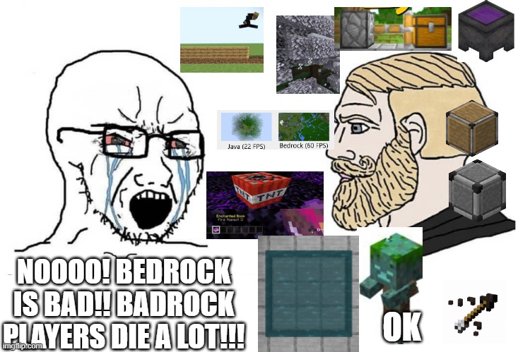 Soyboy Vs Yes Chad | NOOOO! BEDROCK IS BAD!! BADROCK PLAYERS DIE A LOT!!! OK | image tagged in soyboy vs yes chad | made w/ Imgflip meme maker