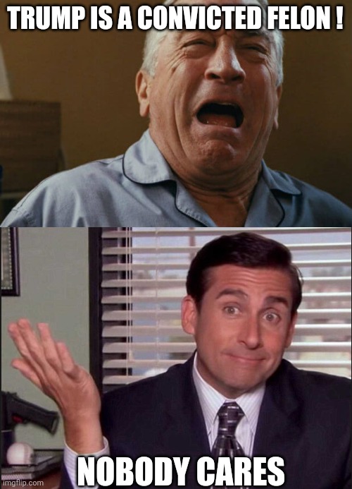 TRUMP IS A CONVICTED FELON ! NOBODY CARES | image tagged in deniro crying,michael scott | made w/ Imgflip meme maker