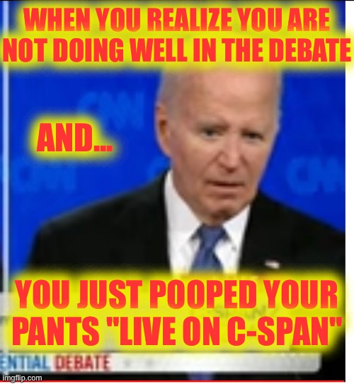 Hang in there Brandon, it'll be over soon. | WHEN YOU REALIZE YOU ARE NOT DOING WELL IN THE DEBATE; AND... YOU JUST POOPED YOUR PANTS "LIVE ON C-SPAN" | image tagged in brandon,presidential debate,biden | made w/ Imgflip meme maker