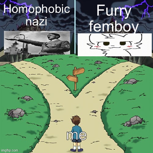 Which way do I go chat | Furry femboy; Homophobic nazi; me | made w/ Imgflip meme maker