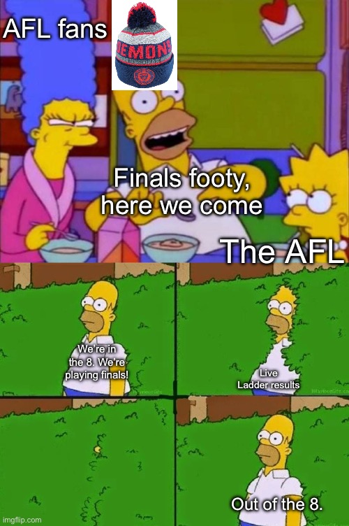 AFL fans; Finals footy, here we come; The AFL; We’re in the 8. We’re playing finals! Live Ladder results; Out of the 8. | image tagged in happy homer angry marge and curious lisa at the table,homer bush | made w/ Imgflip meme maker