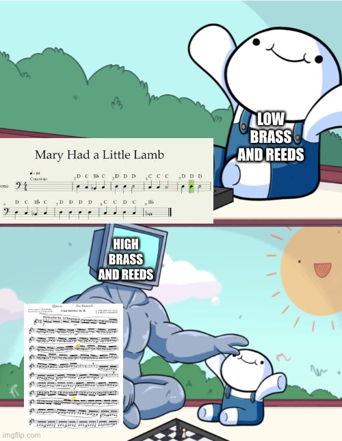 Some classmates in band said something about quarter note beats being hard. | LOW BRASS AND REEDS; HIGH BRASS AND REEDS | image tagged in little guy big guy,band,skill issue | made w/ Imgflip meme maker