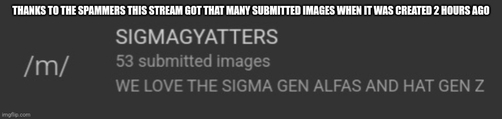 THANKS TO THE SPAMMERS THIS STREAM GOT THAT MANY SUBMITTED IMAGES WHEN IT WAS CREATED 2 HOURS AGO | image tagged in stream,submitted | made w/ Imgflip meme maker