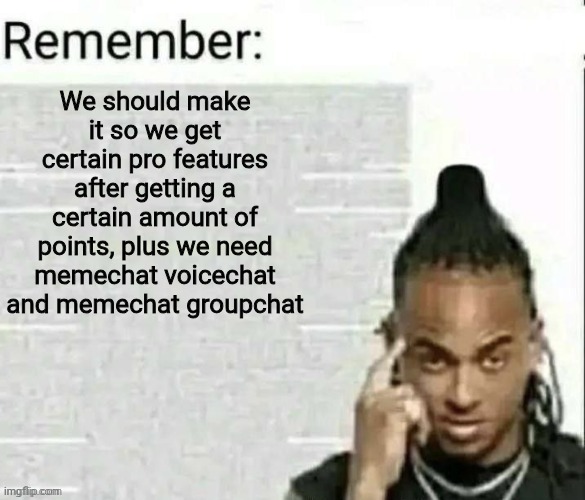 Remember | We should make it so we get certain pro features after getting a certain amount of points, plus we need memechat voicechat and memechat groupchat | image tagged in remember | made w/ Imgflip meme maker