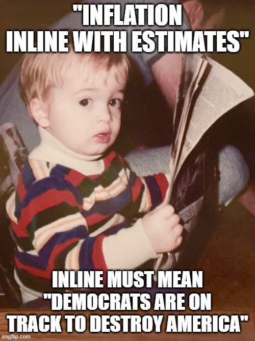 TODDLER SAM READING NEWSPAPER | "INFLATION INLINE WITH ESTIMATES"; INLINE MUST MEAN "DEMOCRATS ARE ON TRACK TO DESTROY AMERICA" | image tagged in toddler sam reading newspaper | made w/ Imgflip meme maker