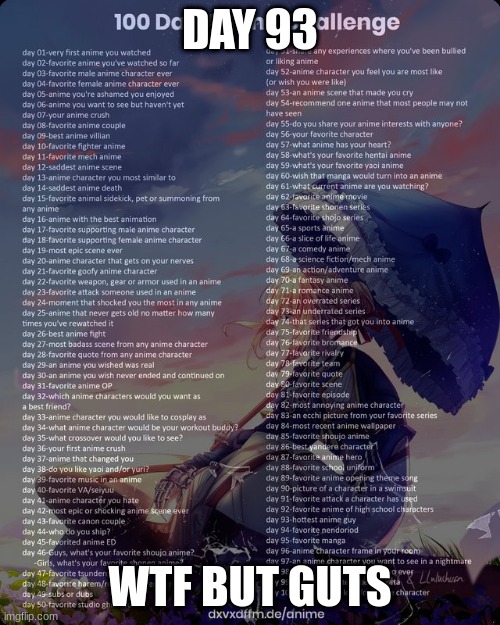100 day anime challenge | DAY 93; WTF BUT GUTS | image tagged in 100 day anime challenge | made w/ Imgflip meme maker