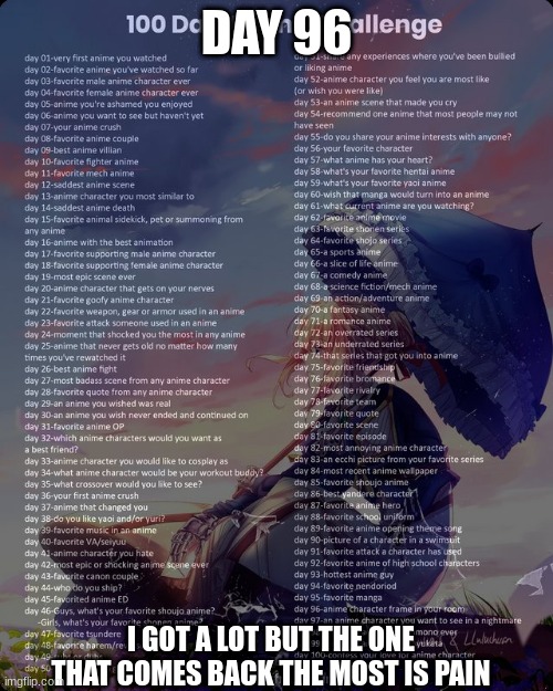 100 day anime challenge | DAY 96; I GOT A LOT BUT THE ONE THAT COMES BACK THE MOST IS PAIN | image tagged in 100 day anime challenge | made w/ Imgflip meme maker