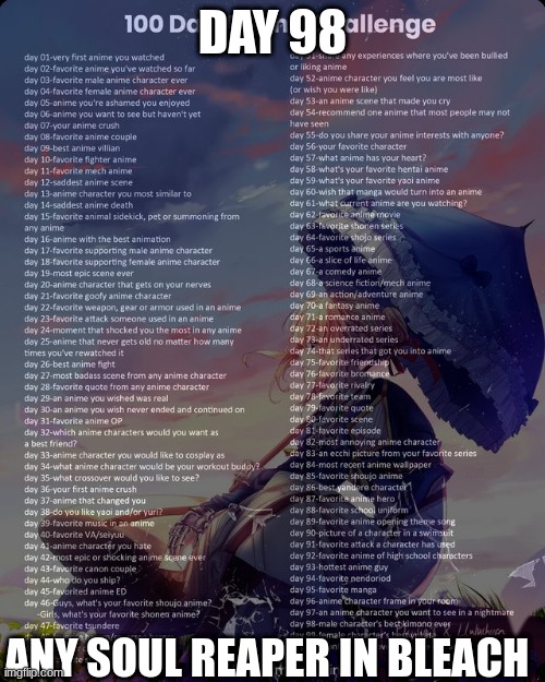 100 day anime challenge | DAY 98; ANY SOUL REAPER IN BLEACH | image tagged in 100 day anime challenge | made w/ Imgflip meme maker