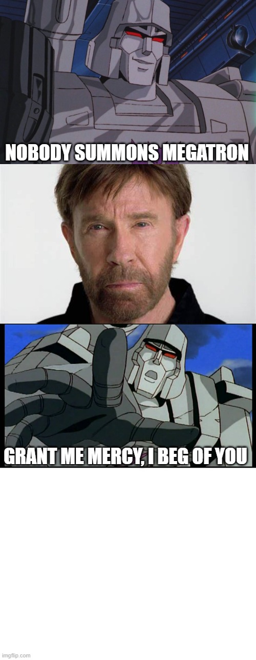 Megatron summoned by Chuck Norris | NOBODY SUMMONS MEGATRON; GRANT ME MERCY, I BEG OF YOU | image tagged in megatron,chuck norris,summon,mercy | made w/ Imgflip meme maker