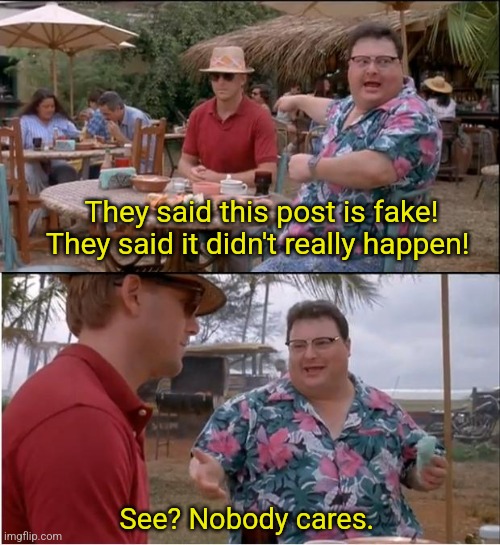 They said this post is fake | They said this post is fake! They said it didn't really happen! See? Nobody cares. | image tagged in memes,see nobody cares,fake,reddit,internet | made w/ Imgflip meme maker