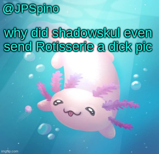 like who tf is crazy enough to just send a random person a dick pic randomly | why did shadowskul even send Rotisserie a dick pic | image tagged in jpspino's axolotl temp updated | made w/ Imgflip meme maker