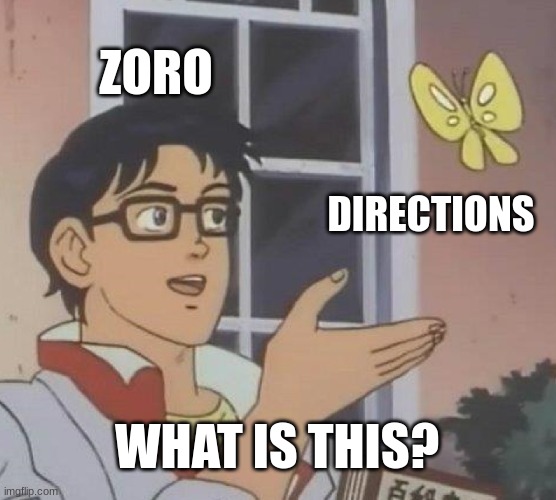 zoro and his sense of directions | ZORO; DIRECTIONS; WHAT IS THIS? | image tagged in memes,is this a pigeon | made w/ Imgflip meme maker