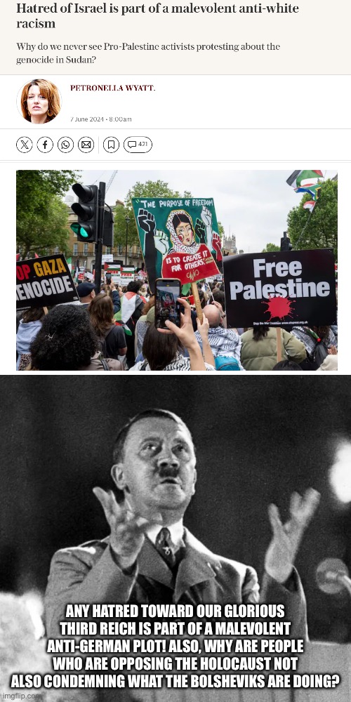 CFK Hitler | ANY HATRED TOWARD OUR GLORIOUS THIRD REICH IS PART OF A MALEVOLENT ANTI-GERMAN PLOT! ALSO, WHY ARE PEOPLE WHO ARE OPPOSING THE HOLOCAUST NOT ALSO CONDEMNING WHAT THE BOLSHEVIKS ARE DOING? | image tagged in cfk hitler | made w/ Imgflip meme maker