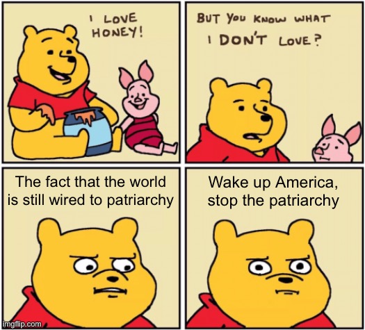 Feminism | The fact that the world is still wired to patriarchy; Wake up America, stop the patriarchy | image tagged in upset pooh | made w/ Imgflip meme maker