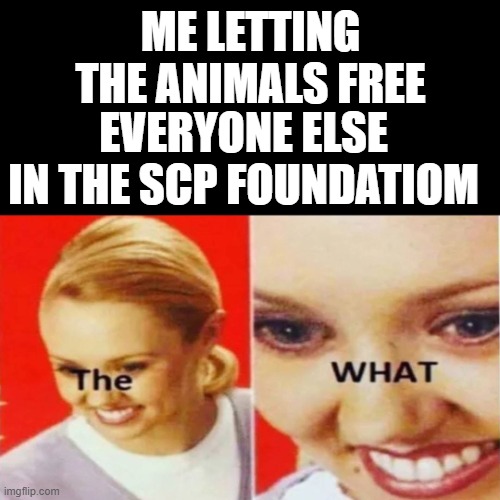 The What | ME LETTING THE ANIMALS FREE; EVERYONE ELSE IN THE SCP FOUNDATIOM | image tagged in the what | made w/ Imgflip meme maker