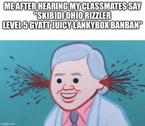 my ears hurt | ME AFTER HEARING MY CLASSMATES SAY
"SKIBIDI OHIO RIZZLER LEVEL 5 GYATT JUICY LANKYBOX BANBAN" | image tagged in ear bleed | made w/ Imgflip meme maker