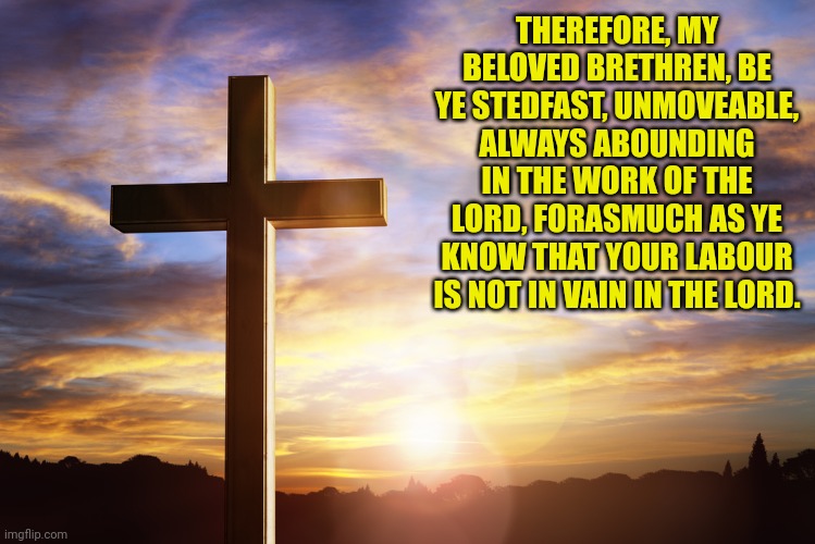 Bible Verse of the Day | THEREFORE, MY BELOVED BRETHREN, BE YE STEDFAST, UNMOVEABLE, ALWAYS ABOUNDING IN THE WORK OF THE LORD, FORASMUCH AS YE KNOW THAT YOUR LABOUR IS NOT IN VAIN IN THE LORD. | image tagged in bible verse of the day | made w/ Imgflip meme maker