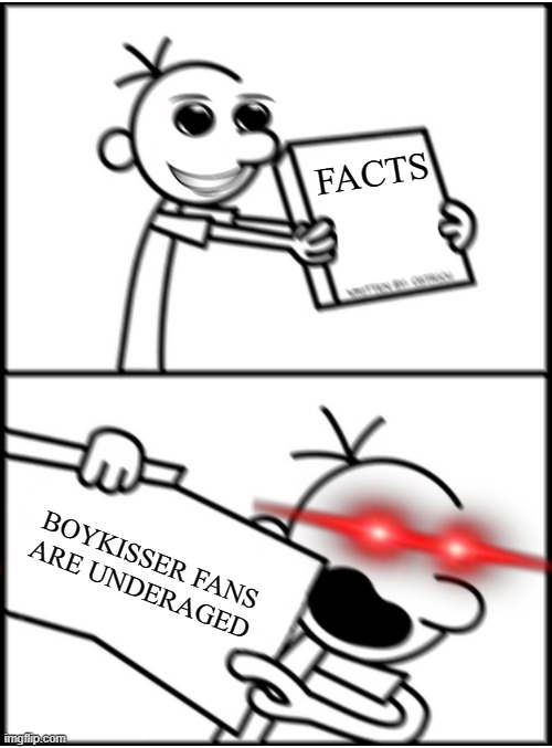 greg pointing x (aggresive⟯ | FACTS; BOYKISSER FANS ARE UNDERAGED | image tagged in greg pointing x aggresive | made w/ Imgflip meme maker