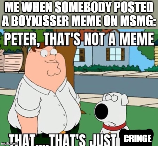 real | ME WHEN SOMEBODY POSTED A BOYKISSER MEME ON MSMG:; CRINGE | image tagged in peter that's not a meme | made w/ Imgflip meme maker