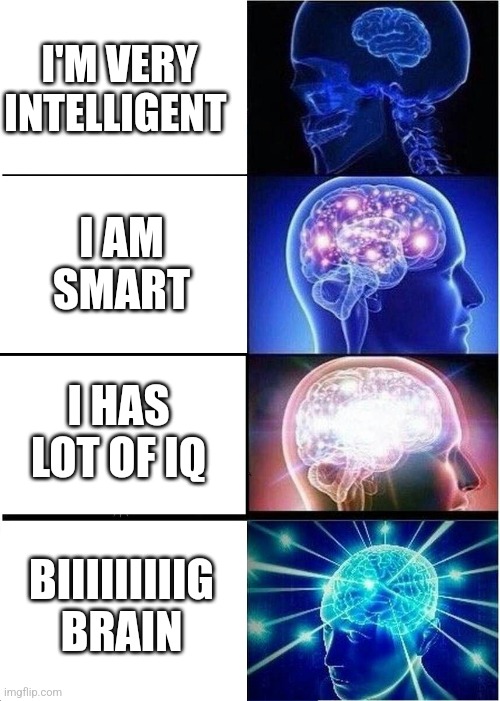 Smart | I'M VERY INTELLIGENT; I AM SMART; I HAS LOT OF IQ; BIIIIIIIIIG BRAIN | image tagged in memes,expanding brain | made w/ Imgflip meme maker