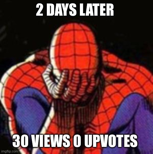 Sad Spiderman Meme | 2 DAYS LATER 30 VIEWS 0 UPVOTES | image tagged in memes,sad spiderman,spiderman | made w/ Imgflip meme maker