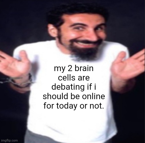 this situation is kind of making me feel strange, now. | my 2 brain cells are debating if i should be online for today or not. | image tagged in serj tankian | made w/ Imgflip meme maker