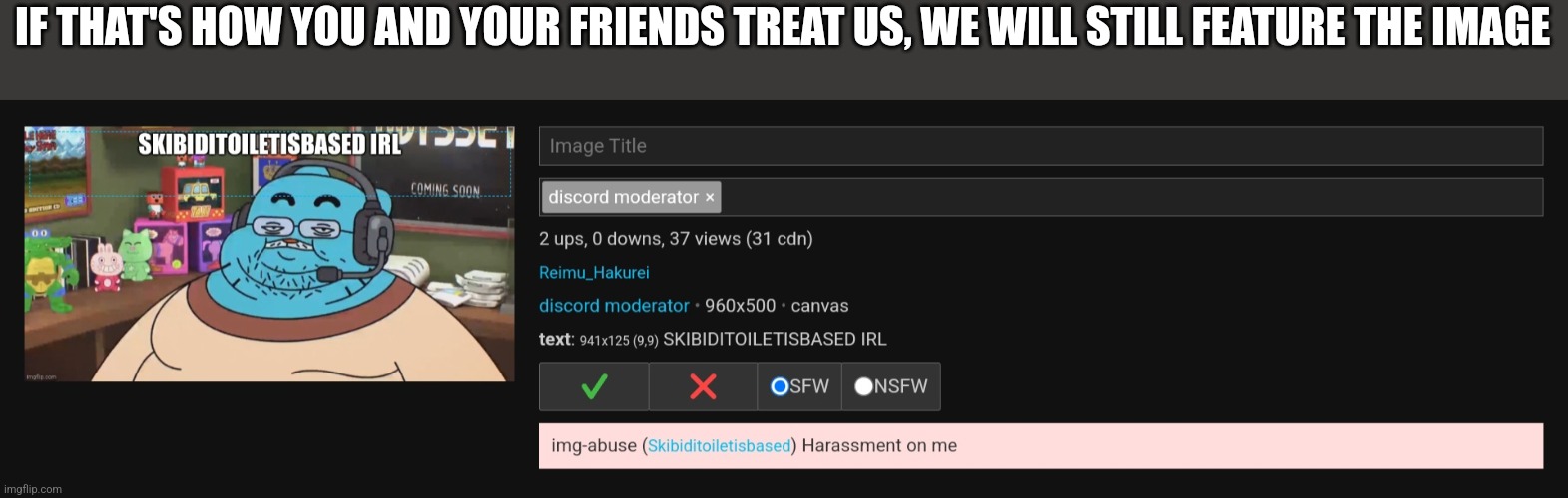 IF THAT'S HOW YOU AND YOUR FRIENDS TREAT US, WE WILL STILL FEATURE THE IMAGE | image tagged in flag | made w/ Imgflip meme maker