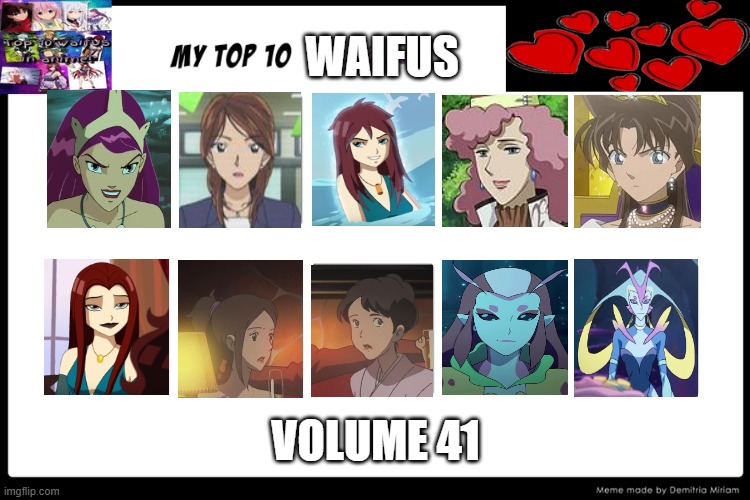 top 10 waifus volume 41 | WAIFUS; VOLUME 41 | image tagged in top 10 waifus,turn up the volume,mermaid,anime,animation,hot girl | made w/ Imgflip meme maker