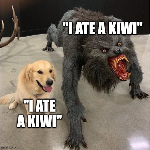 . | "I ATE A KIWI"; "I ATE A KIWI" | image tagged in dog vs werewolf,bird,double meaning,fruit,new zealand,china | made w/ Imgflip meme maker