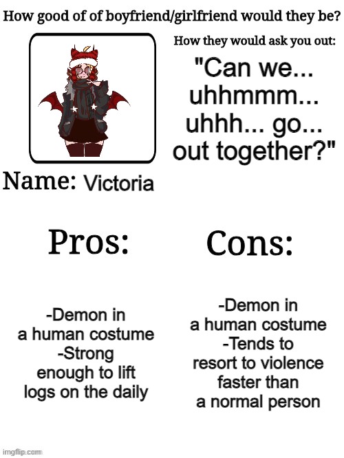 How good of a gf/bf would they be? | "Can we... uhhmmm... uhhh... go... out together?"; Victoria; -Demon in a human costume
-Strong enough to lift logs on the daily; -Demon in a human costume
-Tends to resort to violence faster than a normal person | image tagged in how good of a gf/bf would they be | made w/ Imgflip meme maker