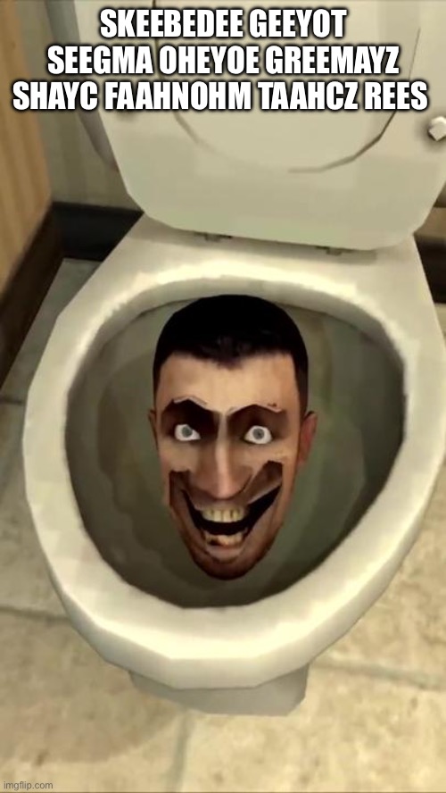 Skibidi toilet | SKEEBEDEE GEEYOT SEEGMA OHEYOE GREEMAYZ SHAYC FAAHNOHM TAAHCZ REES | image tagged in skibidi toilet | made w/ Imgflip meme maker