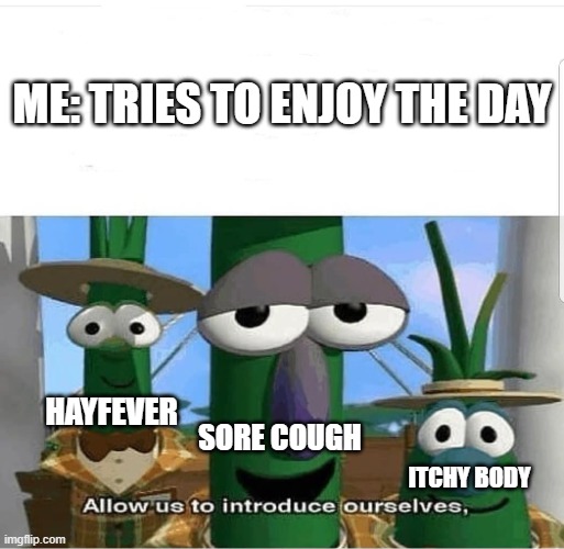 Can you guys Relate to this? | ME: TRIES TO ENJOY THE DAY; SORE COUGH; HAYFEVER; ITCHY BODY | image tagged in allow us to introduce ourselves,memes,funny | made w/ Imgflip meme maker