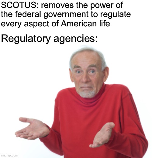 SCOTUS: removes the power of 
the federal government to regulate 
every aspect of American life; Regulatory agencies: | image tagged in blank white template,guess i'll die | made w/ Imgflip meme maker