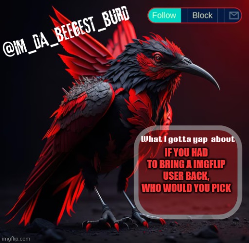 Like someone who retired | IF YOU HAD TO BRING A IMGFLIP USER BACK, WHO WOULD YOU PICK | image tagged in im_da_beegest_burd's announcement temp v2 | made w/ Imgflip meme maker