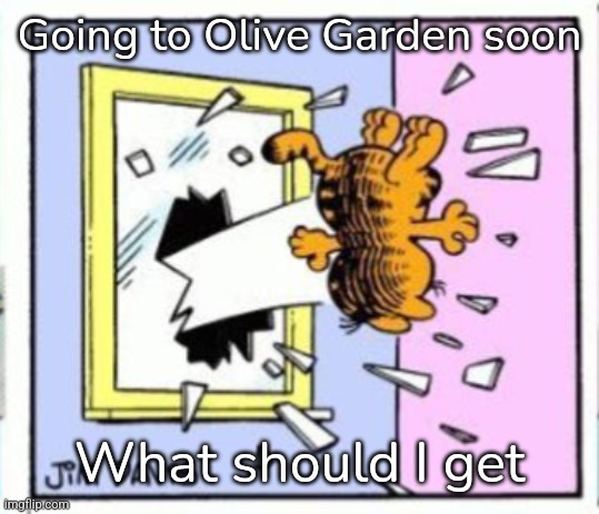 This gonna be my first time | Going to Olive Garden soon; What should I get | image tagged in garfield gets thrown out of a window | made w/ Imgflip meme maker