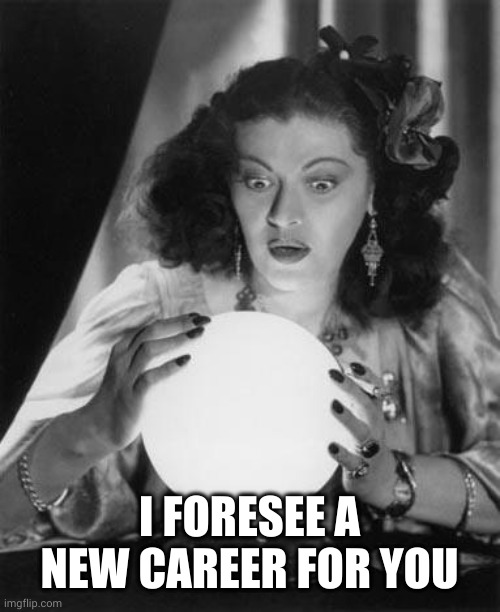 fortune teller | I FORESEE A NEW CAREER FOR YOU | image tagged in fortune teller | made w/ Imgflip meme maker