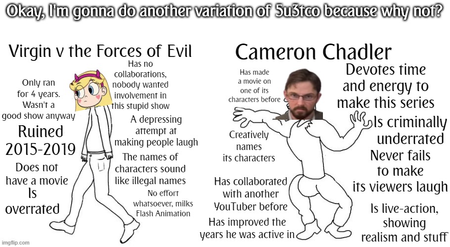 Well boys. It's here. 5u3tco 4.0. | Cameron Chadler; Virgin v the Forces of Evil; Has no collaborations, nobody wanted involvement in this stupid show; Devotes time and energy to make this series; Only ran for 4 years. Wasn't a good show anyway; Has made a movie on one of its characters before; A depressing attempt at making people laugh; Ruined 2015-2019; Is criminally underrated; Creatively names its characters; Never fails to make its viewers laugh; The names of characters sound like illegal names; Does not have a movie; Has collaborated with another YouTuber before; Is overrated; No effort whatsoever, milks Flash Animation; Is live-action, showing realism and stuff; Has improved the years he was active in | image tagged in virgin vs chad | made w/ Imgflip meme maker