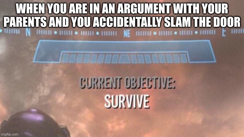 I'm too young to die! | WHEN YOU ARE IN AN ARGUMENT WITH YOUR PARENTS AND YOU ACCIDENTALLY SLAM THE DOOR | image tagged in current objective survive,door,slam,family,argument | made w/ Imgflip meme maker