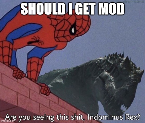 Are you seeing this shit, Indominus Rex? | SHOULD I GET MOD | image tagged in are you seeing this shit indominus rex | made w/ Imgflip meme maker