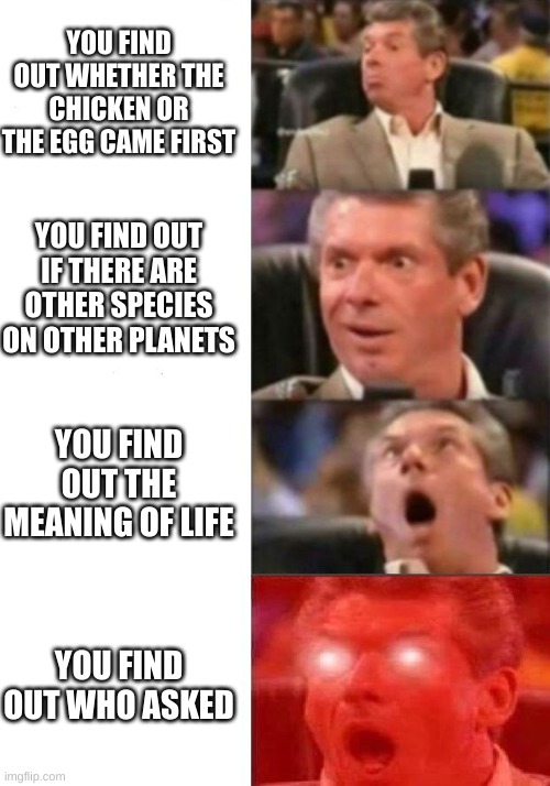 POV: you find out who asked | YOU FIND OUT WHETHER THE CHICKEN OR THE EGG CAME FIRST; YOU FIND OUT IF THERE ARE OTHER SPECIES ON OTHER PLANETS; YOU FIND OUT THE MEANING OF LIFE; YOU FIND OUT WHO ASKED | image tagged in mr mcmahon reaction | made w/ Imgflip meme maker