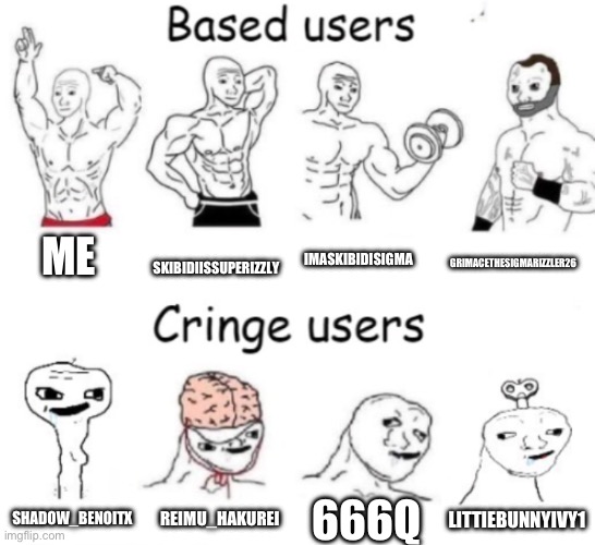 Based users v.s. cringe users | ME; SKIBIDIISSUPERIZZLY; IMASKIBIDISIGMA; GRIMACETHESIGMARIZZLER26; 666Q; REIMU_HAKUREI; LITTIEBUNNYIVY1; SHADOW_BENOITX | image tagged in based users v s cringe users | made w/ Imgflip meme maker