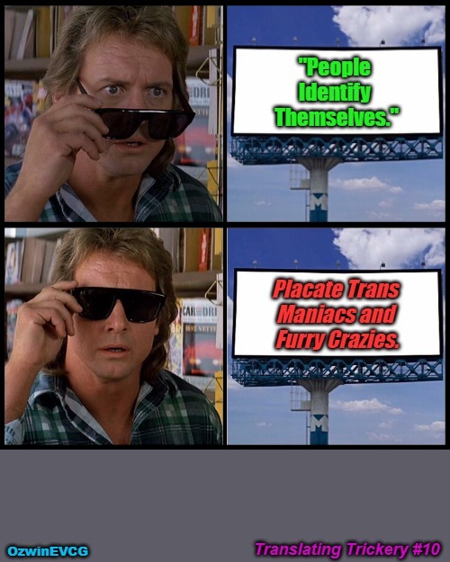 Translating Trickery #10 | image tagged in they live,furries,identity,transgenders,speech police,clown world | made w/ Imgflip meme maker